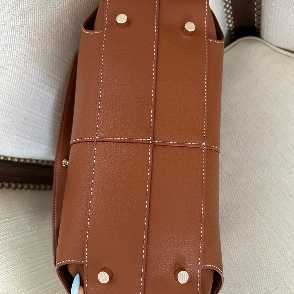 NEW Chic Minimalist Tan Faux Leather Structured Top Handle Satchel Bag - Picture 6 of 11